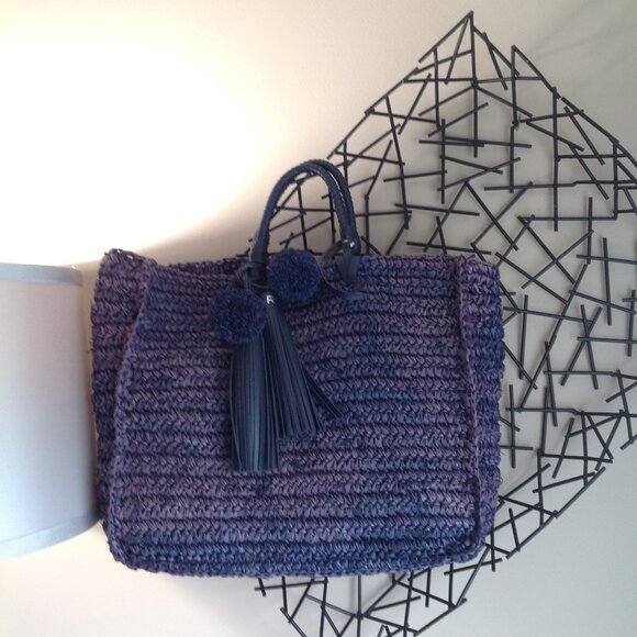 Loeffler Randall Blue Purple Ombre Straw Travel Tote Bag w/ Tassels - Picture 2 of 16